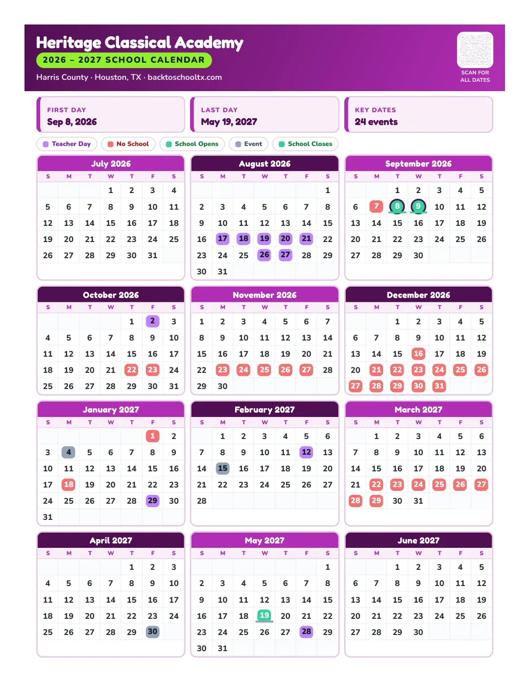 Heritage Classical Academy Calendar for the Year 26-27