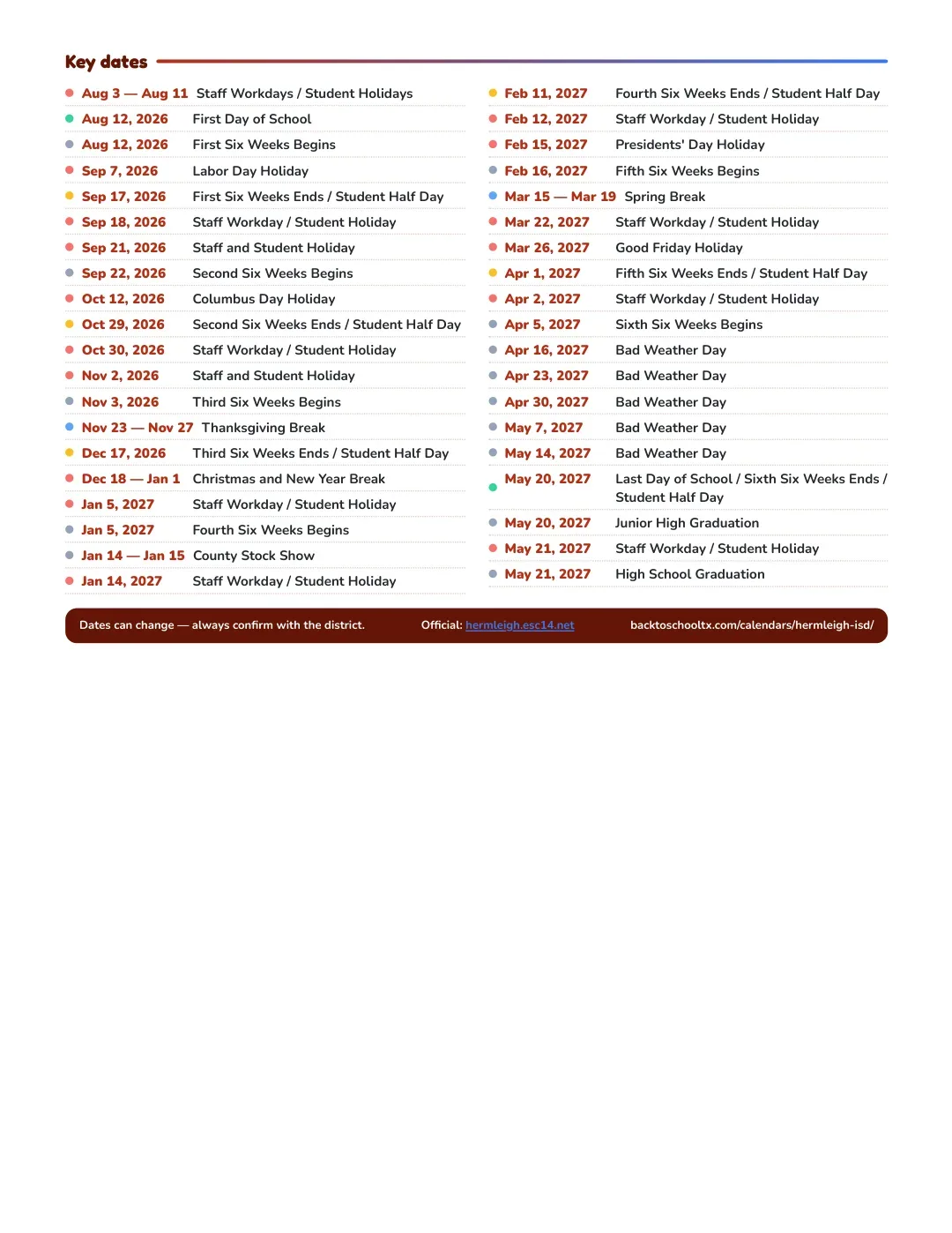 Hermleigh ISD Calendar for the Year 26-27 — key dates