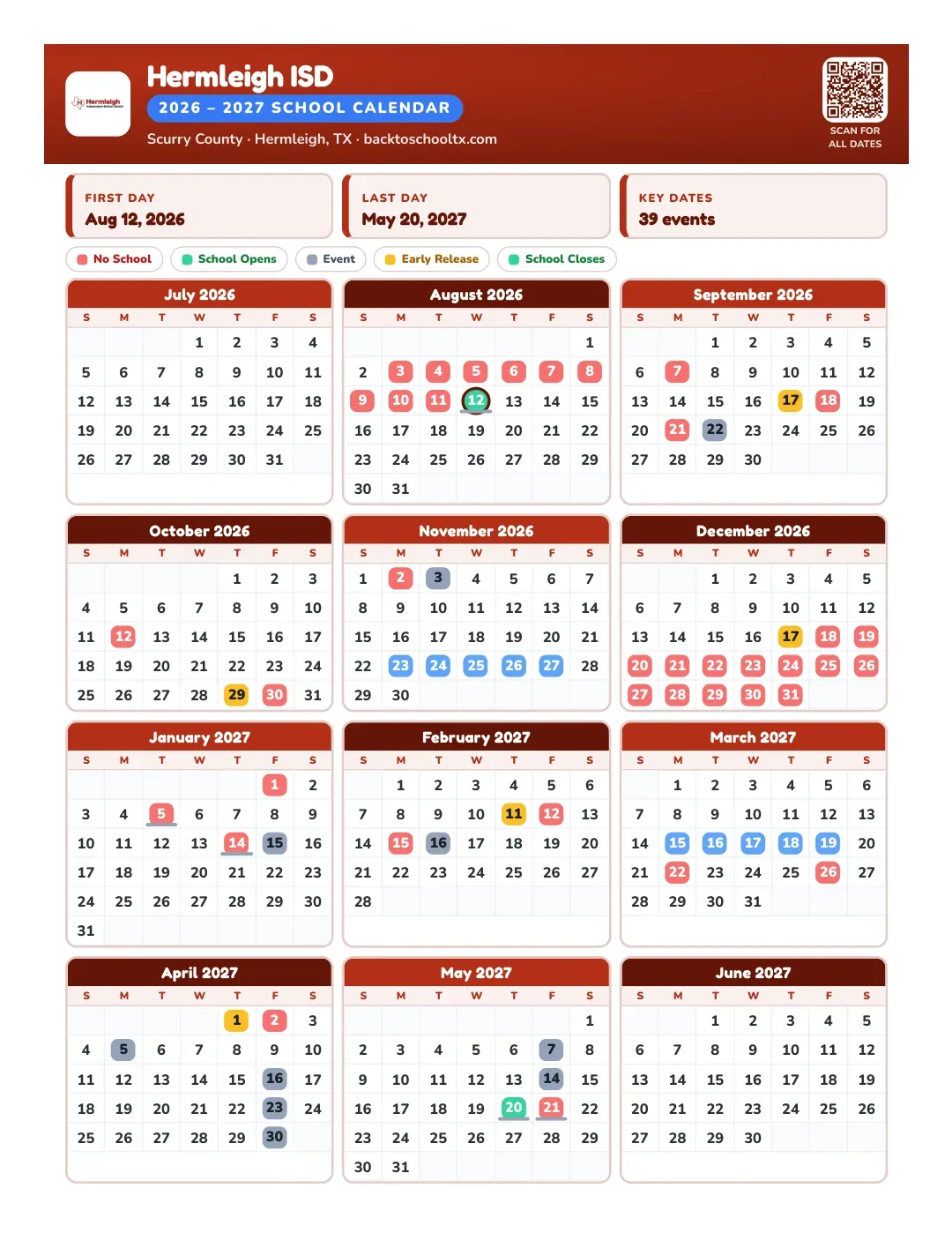 Hermleigh ISD Calendar for the Year 26-27