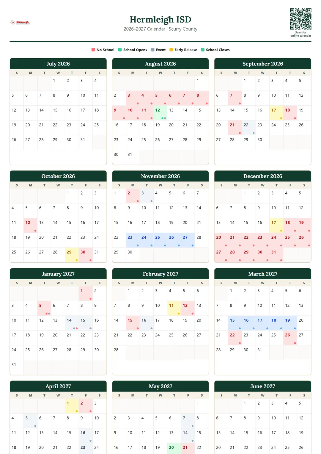 Hermleigh ISD printable 2026–2027 calendar