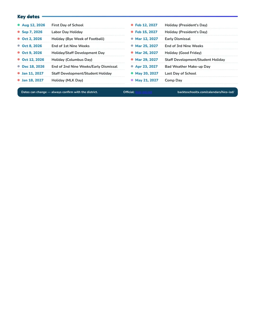 Hico ISD Calendar for the Year 26-27 — key dates
