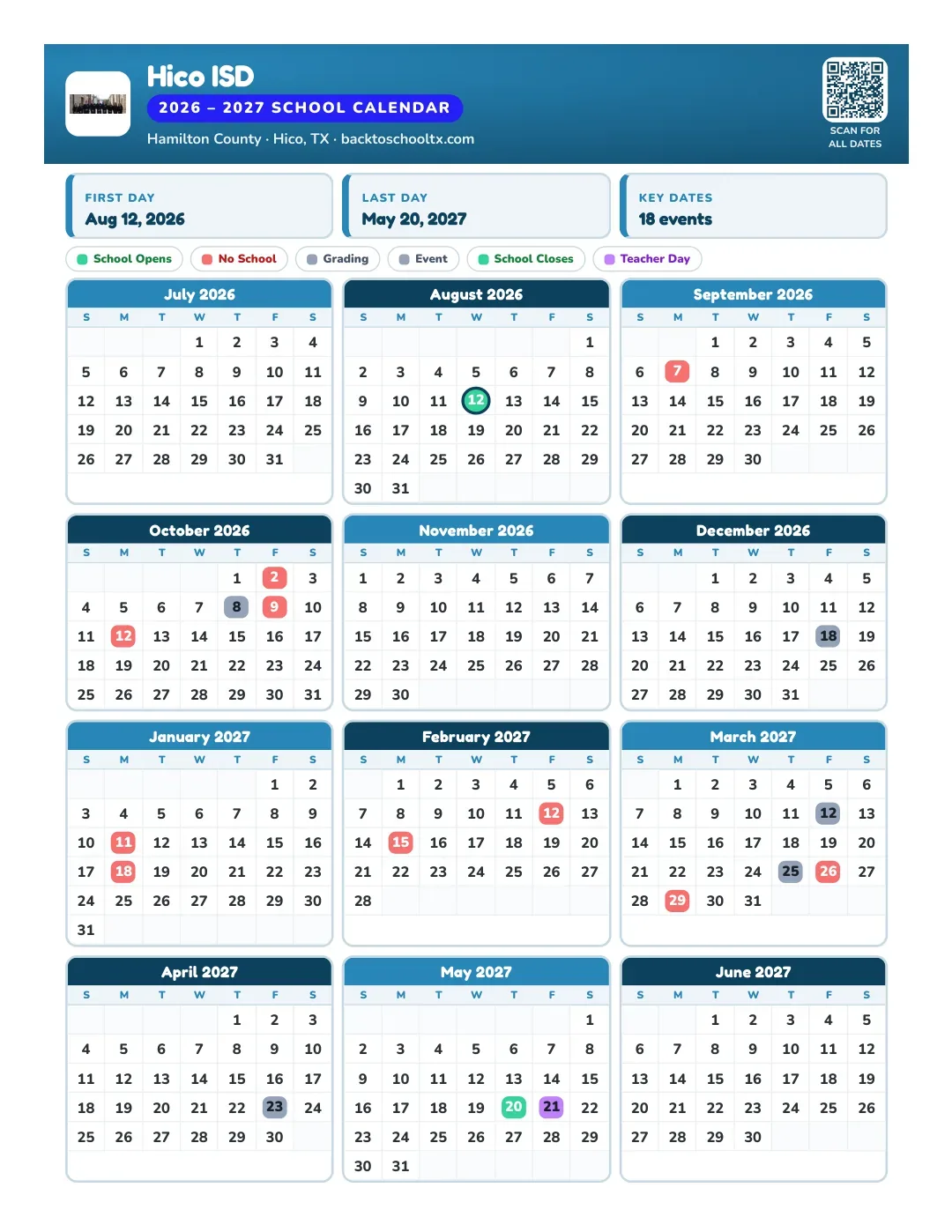 Hico ISD Calendar for the Year 26-27