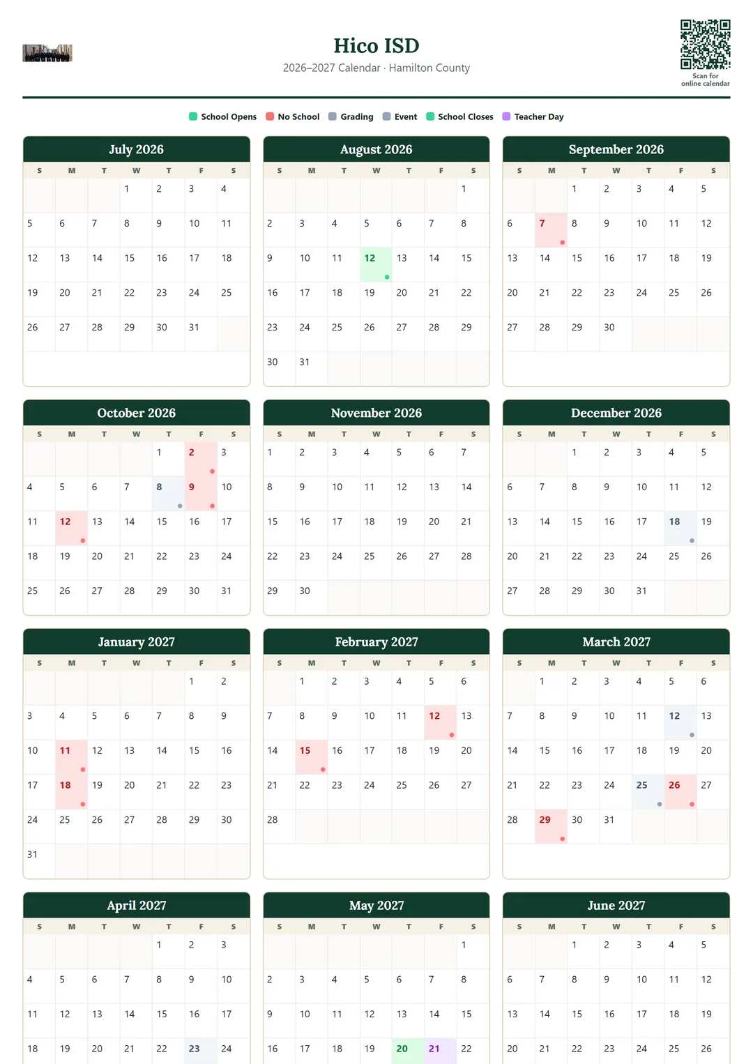 Hico ISD printable 2026–2027 calendar