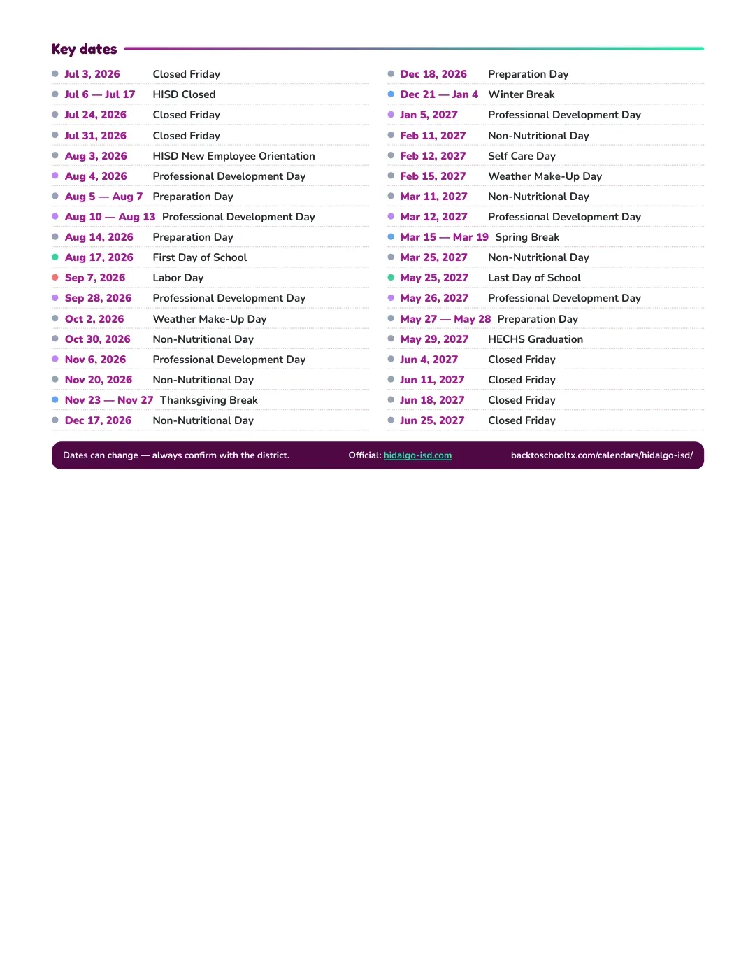 Hidalgo ISD Calendar for the Year 26-27 — key dates