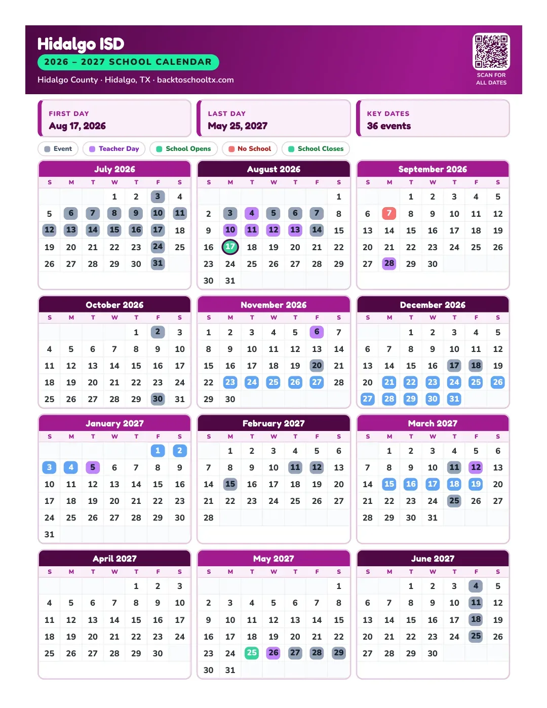 Hidalgo ISD Calendar for the Year 26-27