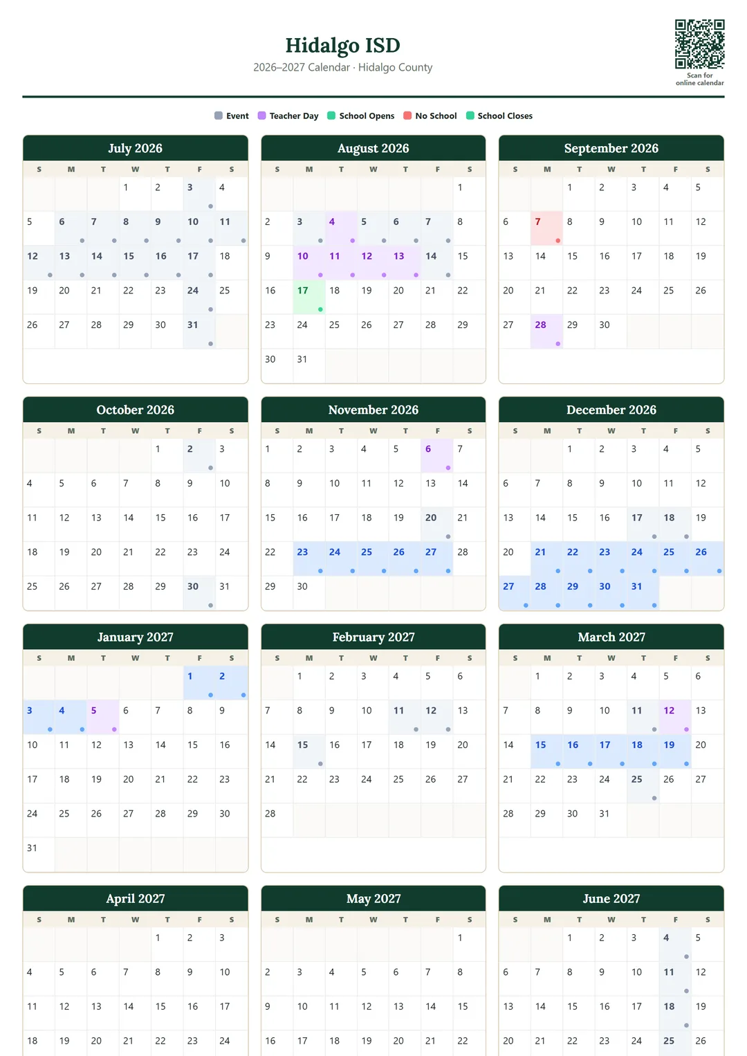Hidalgo ISD printable 2026–2027 calendar