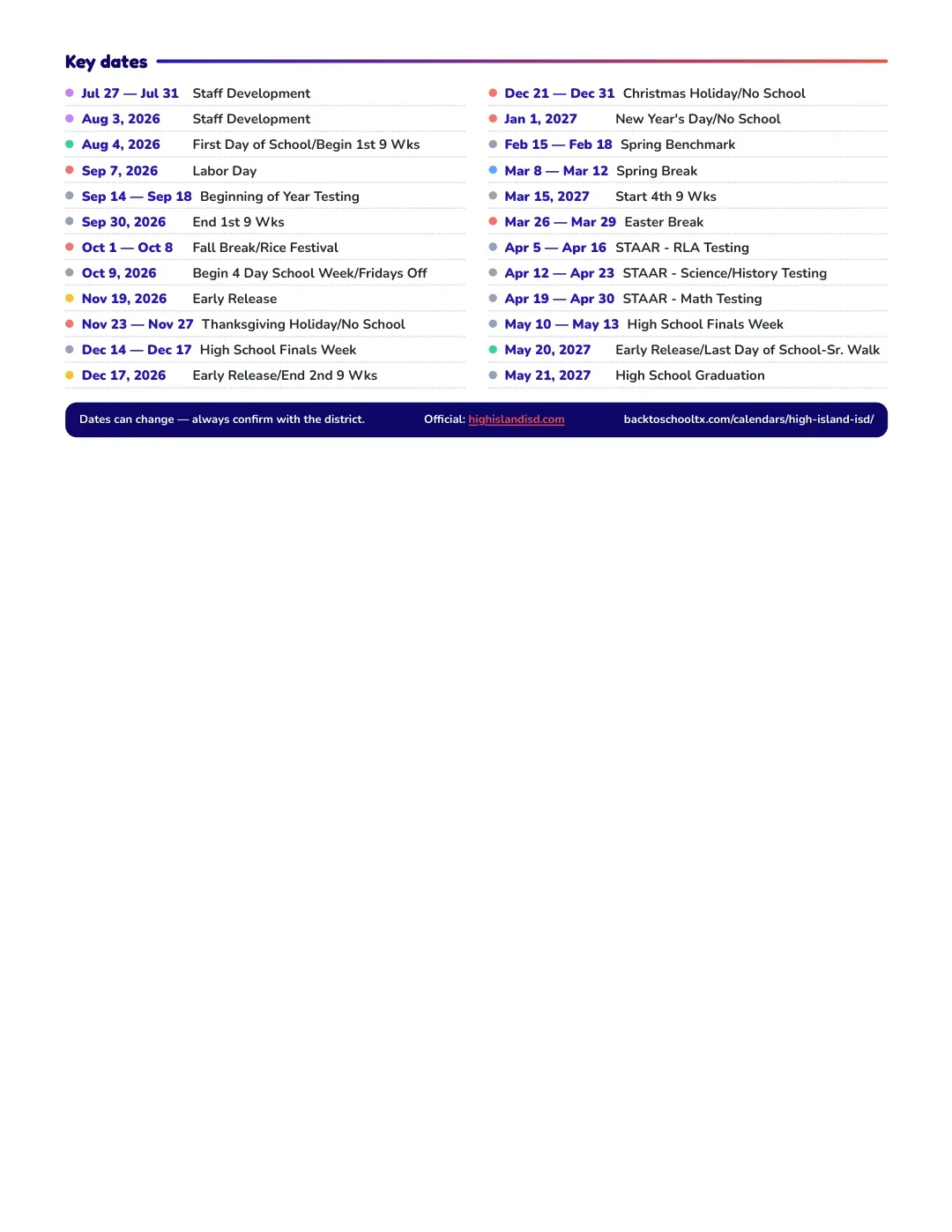 High Island ISD Calendar for the Year 26-27 — key dates