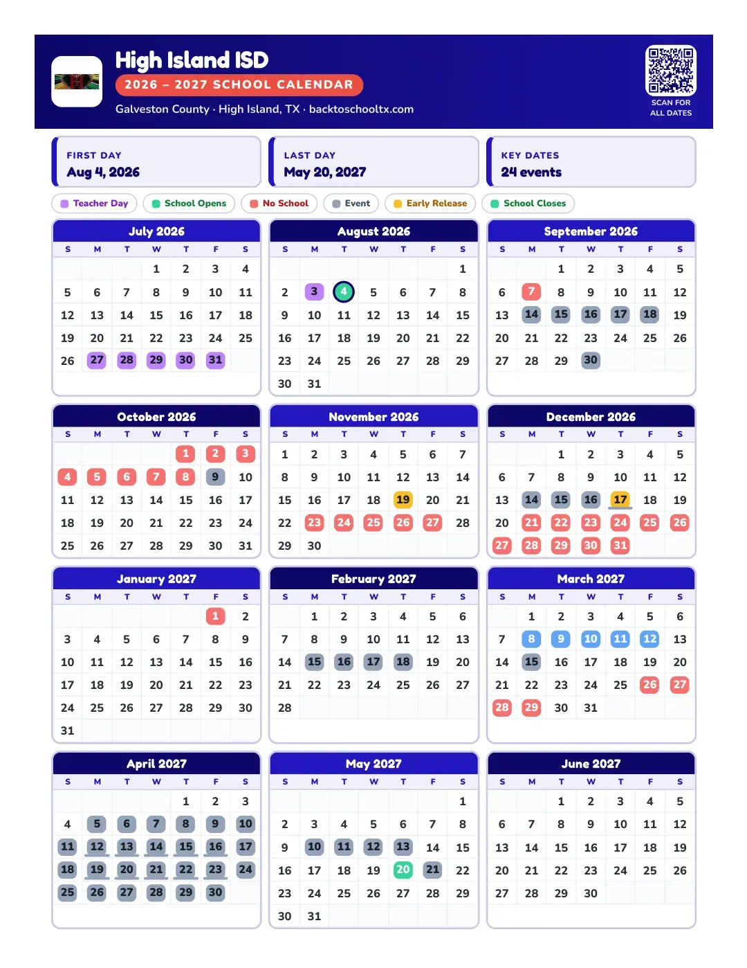 High Island ISD Calendar for the Year 26-27