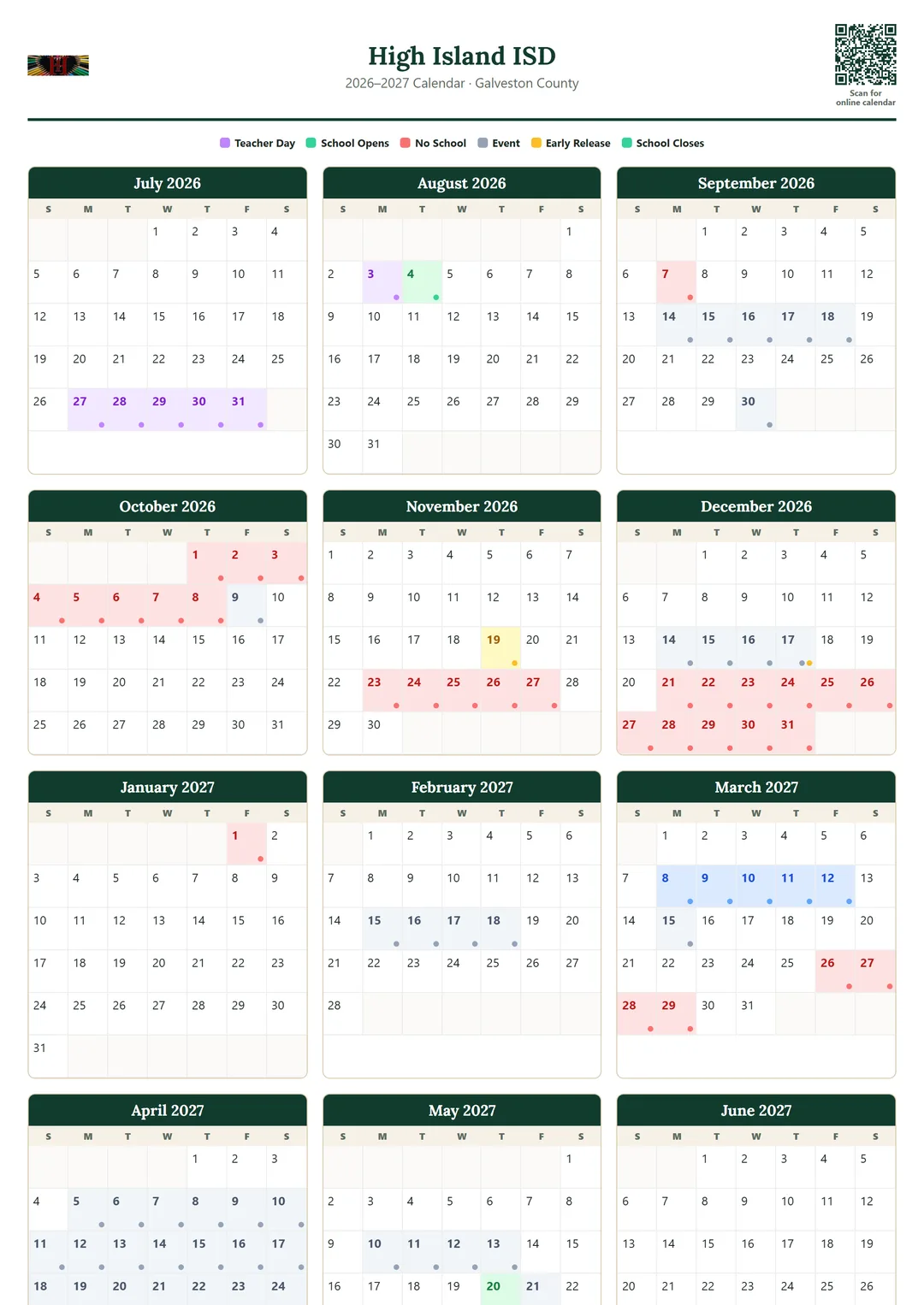 High Island ISD printable 2026–2027 calendar