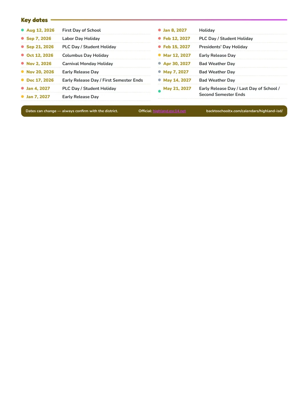 Highland ISD Calendar for the Year 26-27 — key dates