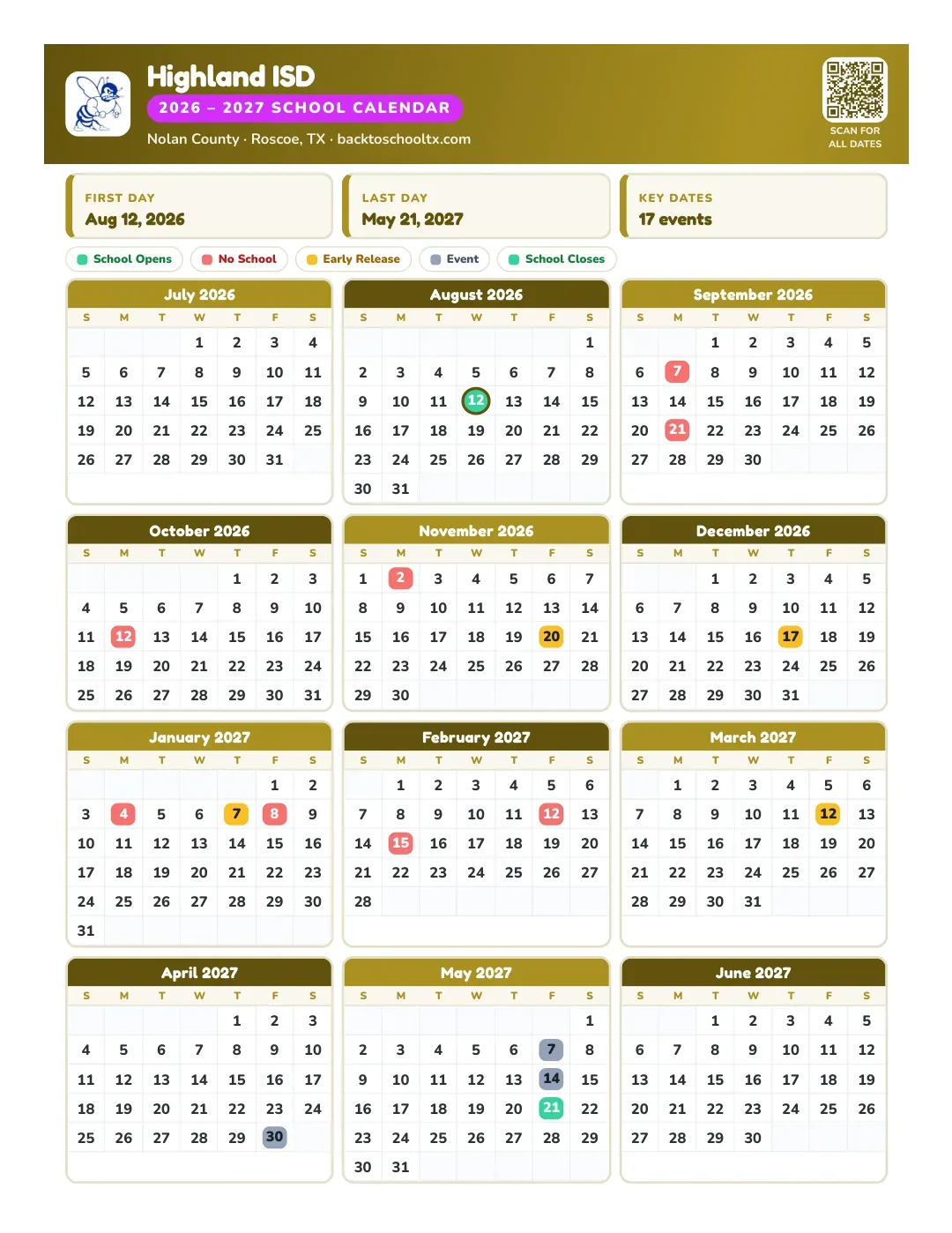 Highland ISD Calendar for the Year 26-27