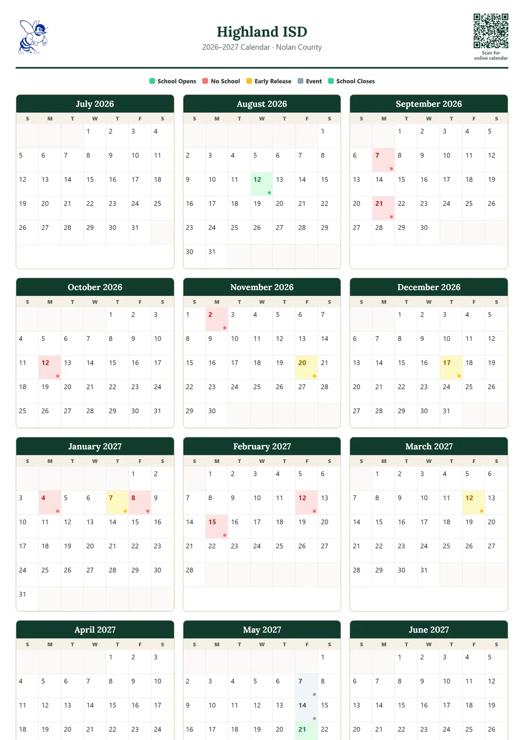 Highland ISD printable 2026–2027 calendar