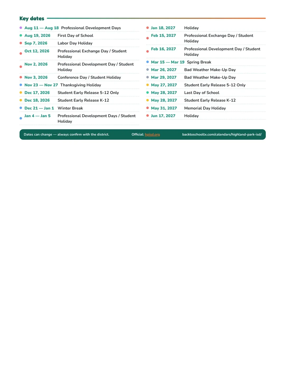 Highland Park ISD Calendar for the Year 26-27 — key dates