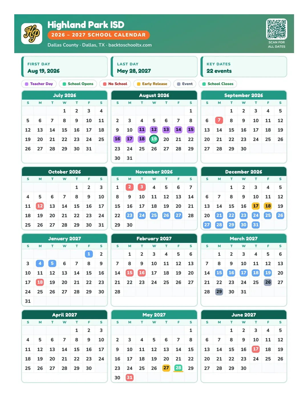 Highland Park ISD Calendar for the Year 26-27