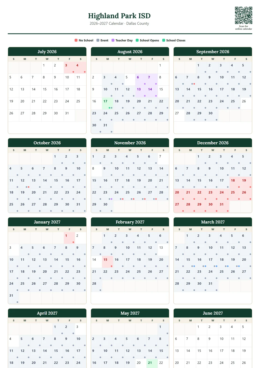 Highland Park ISD printable 2026–2027 calendar