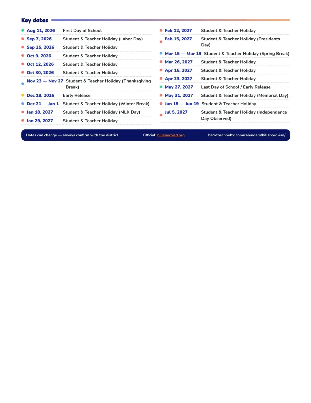 Hillsboro ISD Calendar for the Year 26-27 — key dates