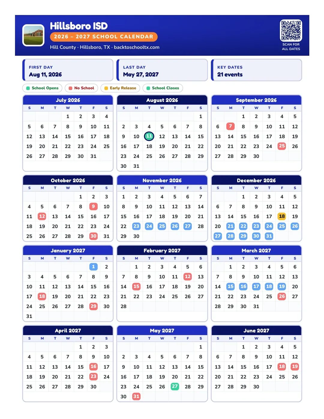Hillsboro ISD Calendar for the Year 26-27