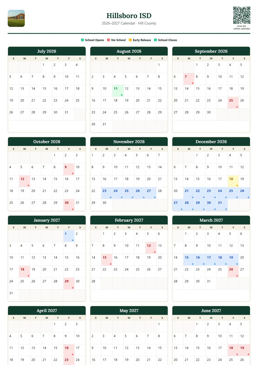 Hillsboro ISD printable 2026–2027 calendar