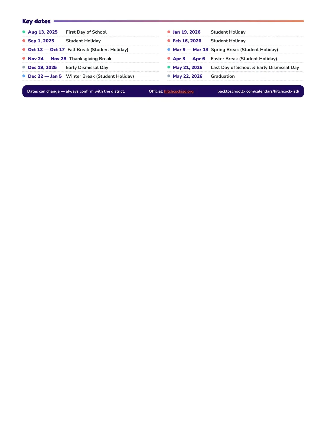 Hitchcock ISD Calendar for the Year 26-27 — key dates