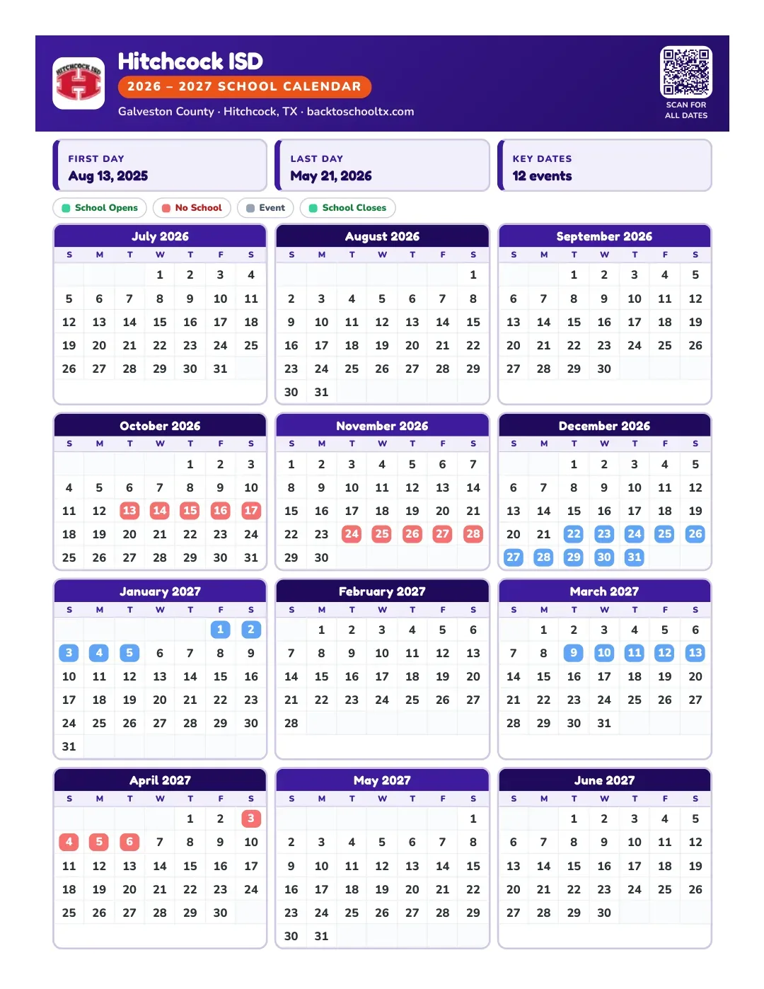 Hitchcock ISD Calendar for the Year 26-27
