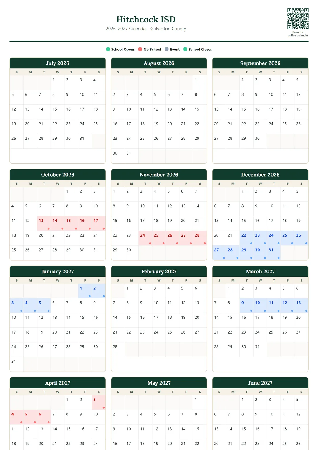 Hitchcock ISD printable 2026–2027 calendar