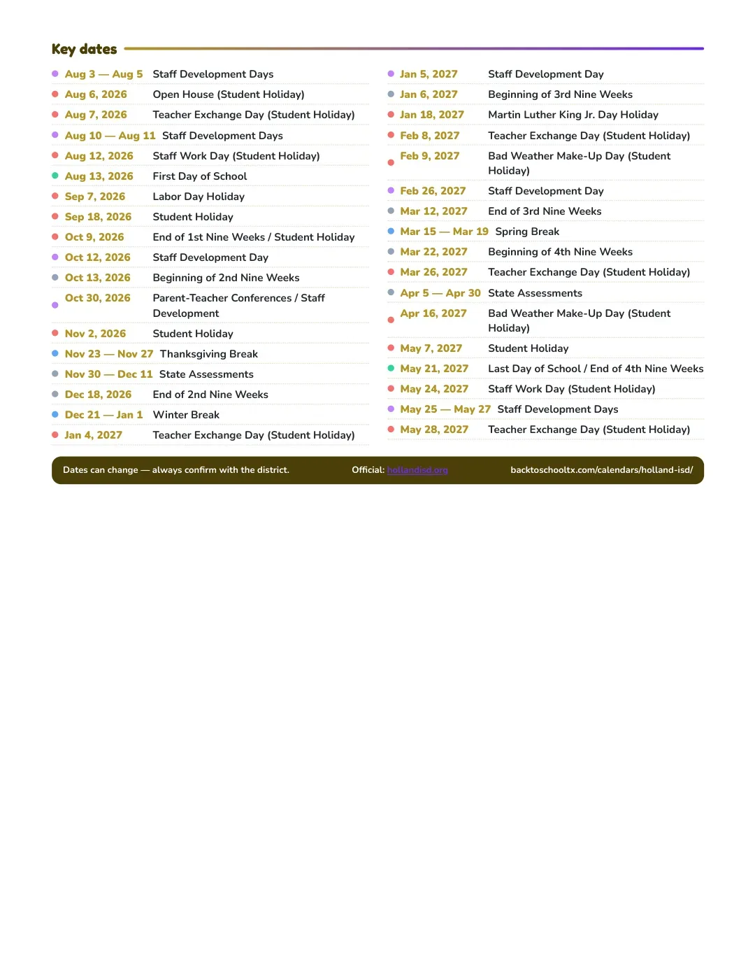 Holland ISD Calendar for the Year 26-27 — key dates