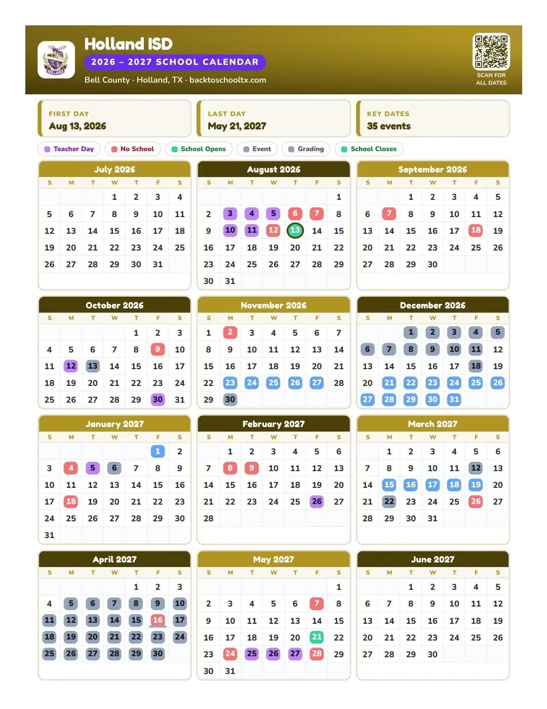 Holland ISD Calendar for the Year 26-27