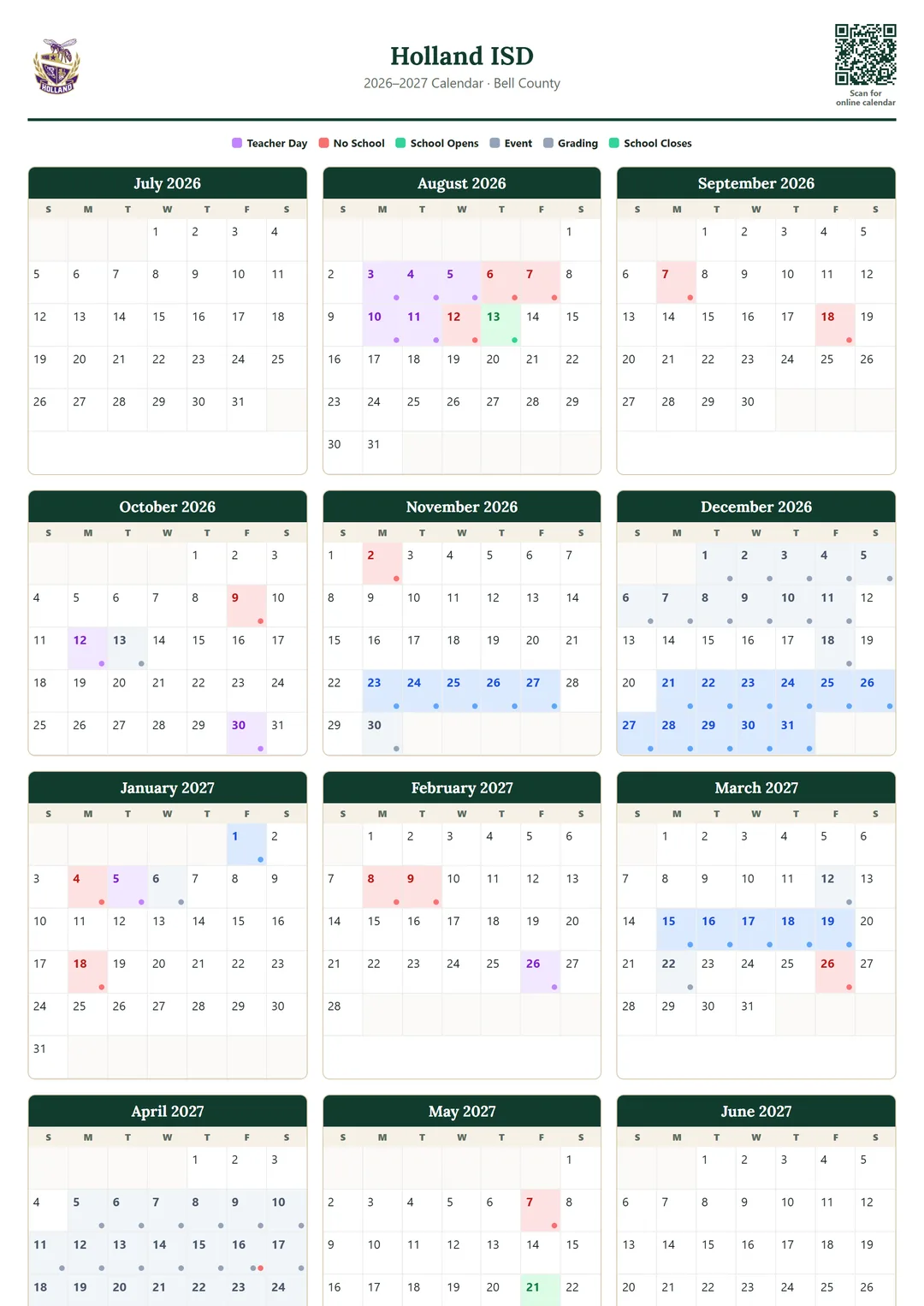 Holland ISD printable 2026–2027 calendar