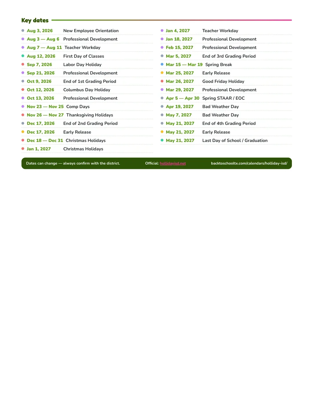 Holliday ISD Calendar for the Year 26-27 — key dates