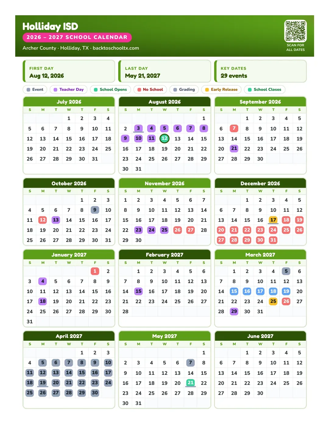 Holliday ISD Calendar for the Year 26-27