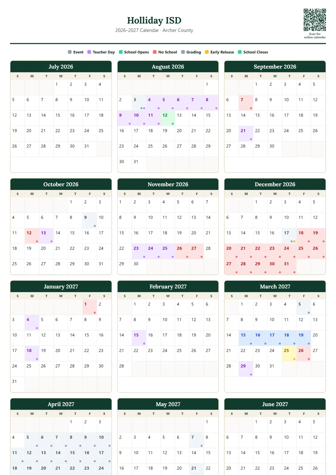 Holliday ISD printable 2026–2027 calendar