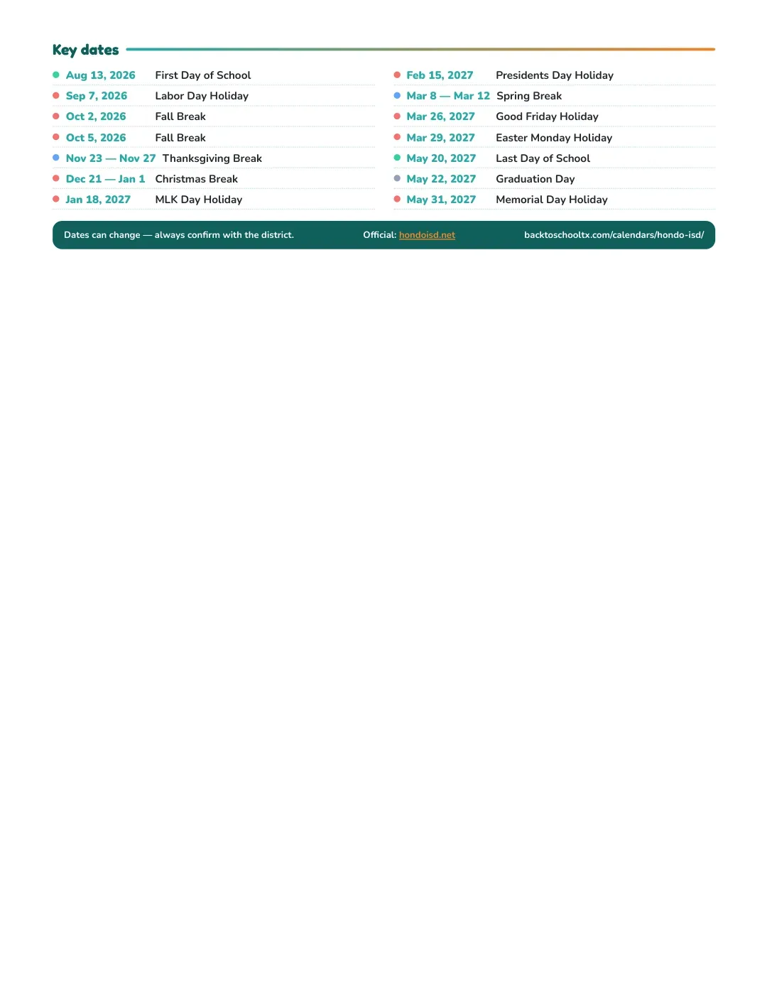 Hondo ISD Calendar for the Year 26-27 — key dates