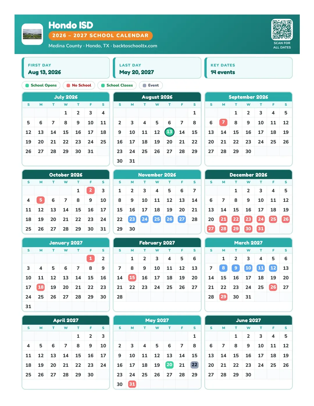 Hondo ISD Calendar for the Year 26-27