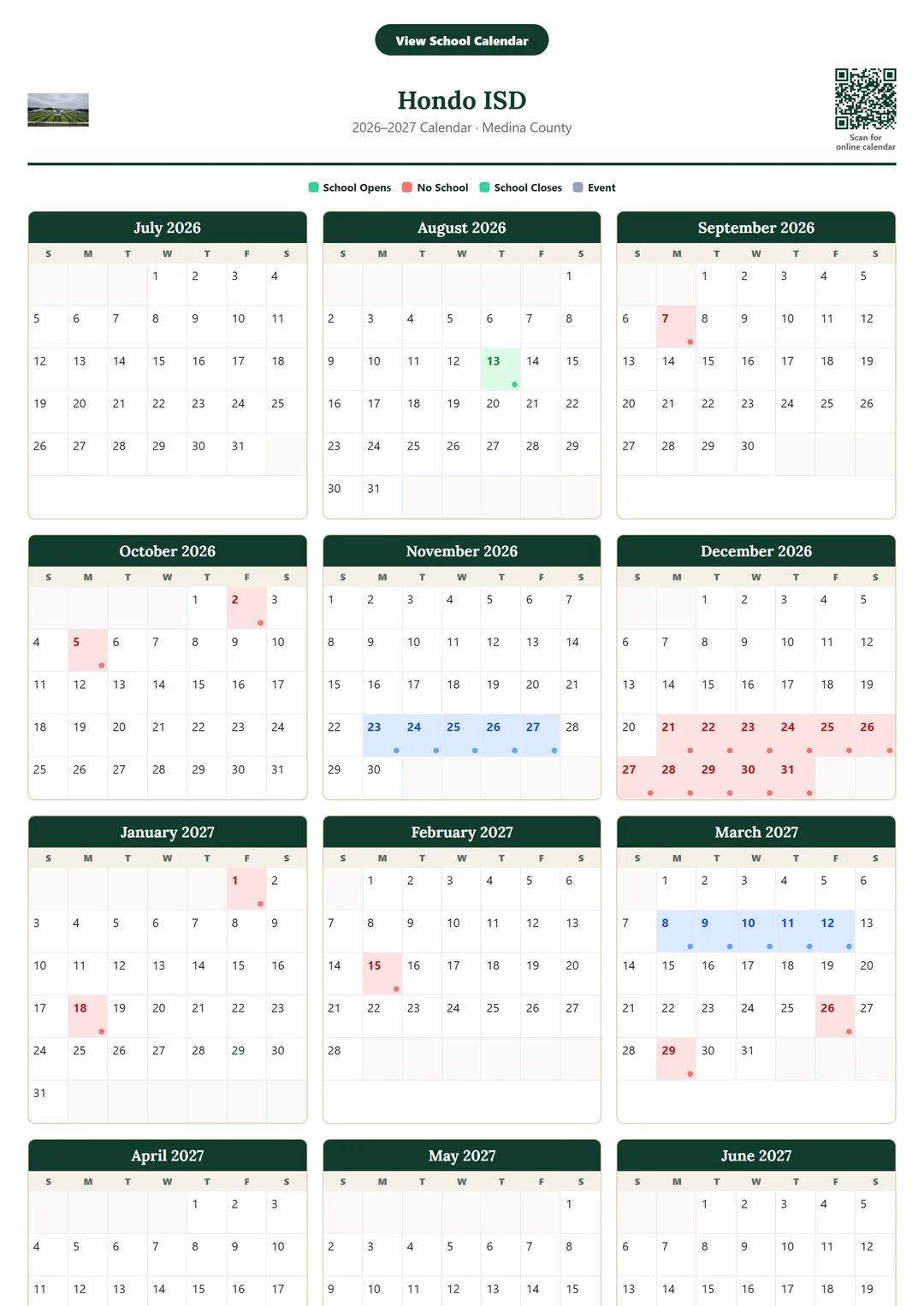 Hondo ISD printable 2026–2027 calendar