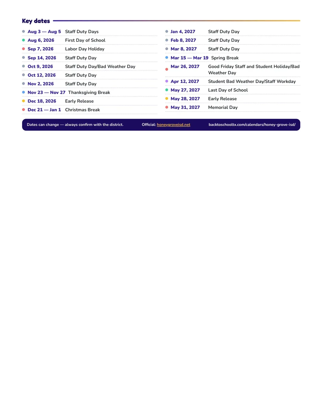 Honey Grove ISD Calendar for the Year 26-27 — key dates