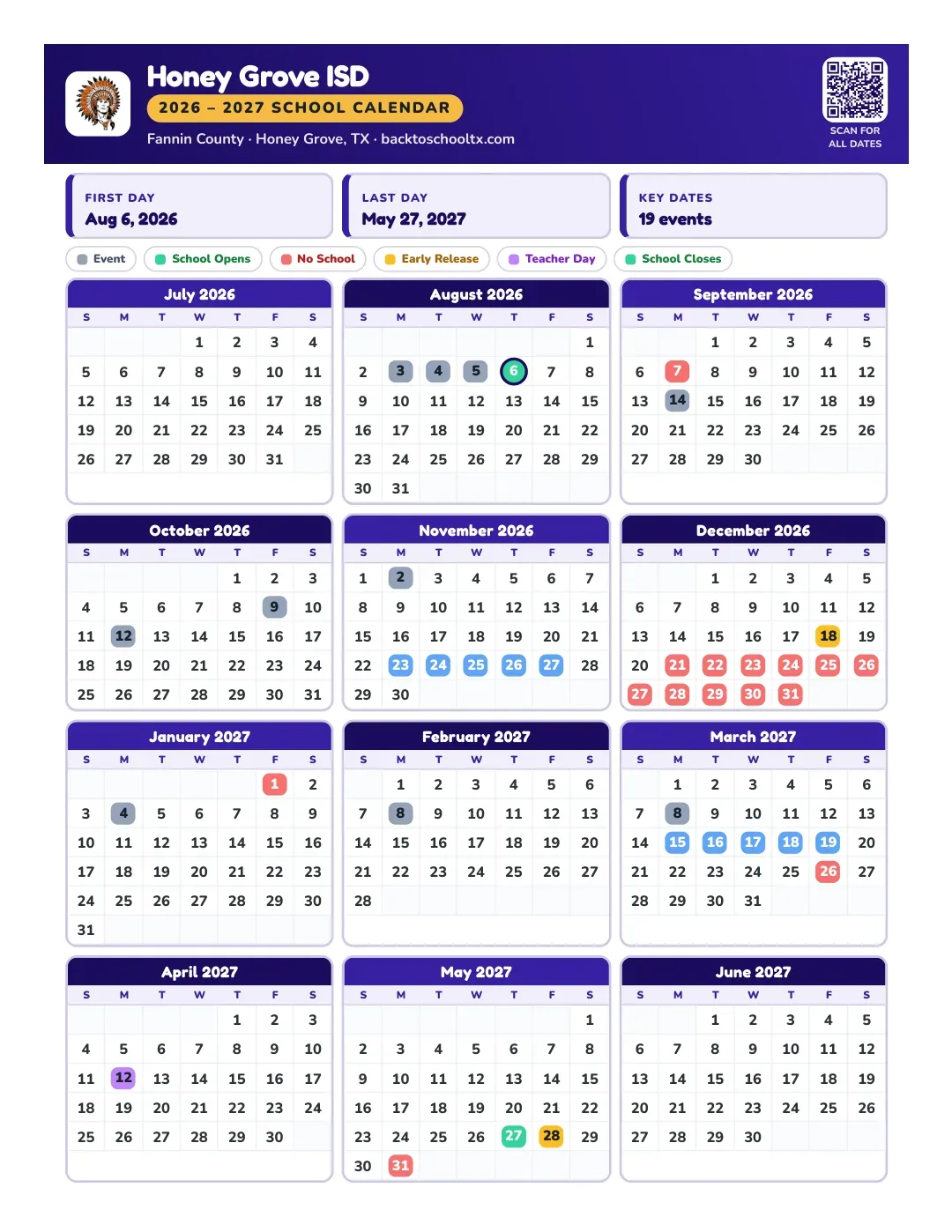 Honey Grove ISD Calendar for the Year 26-27