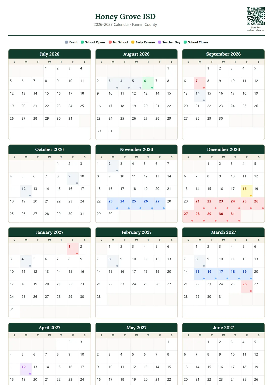 Honey Grove ISD printable 2026–2027 calendar