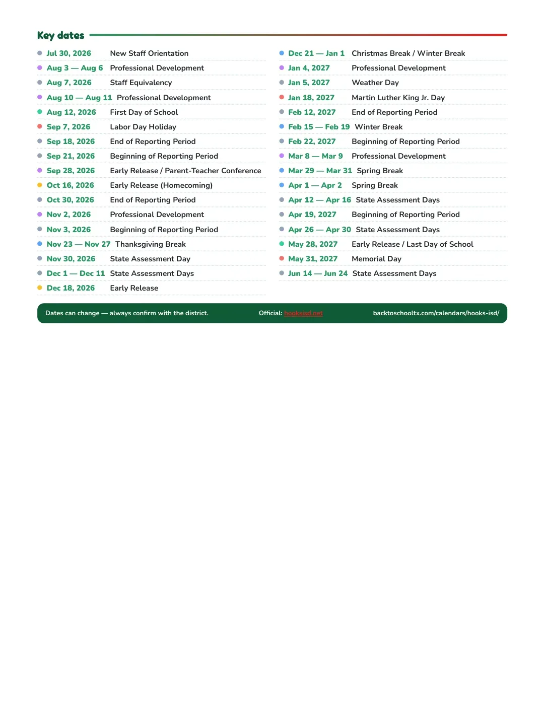 Hooks ISD Calendar for the Year 26-27 — key dates