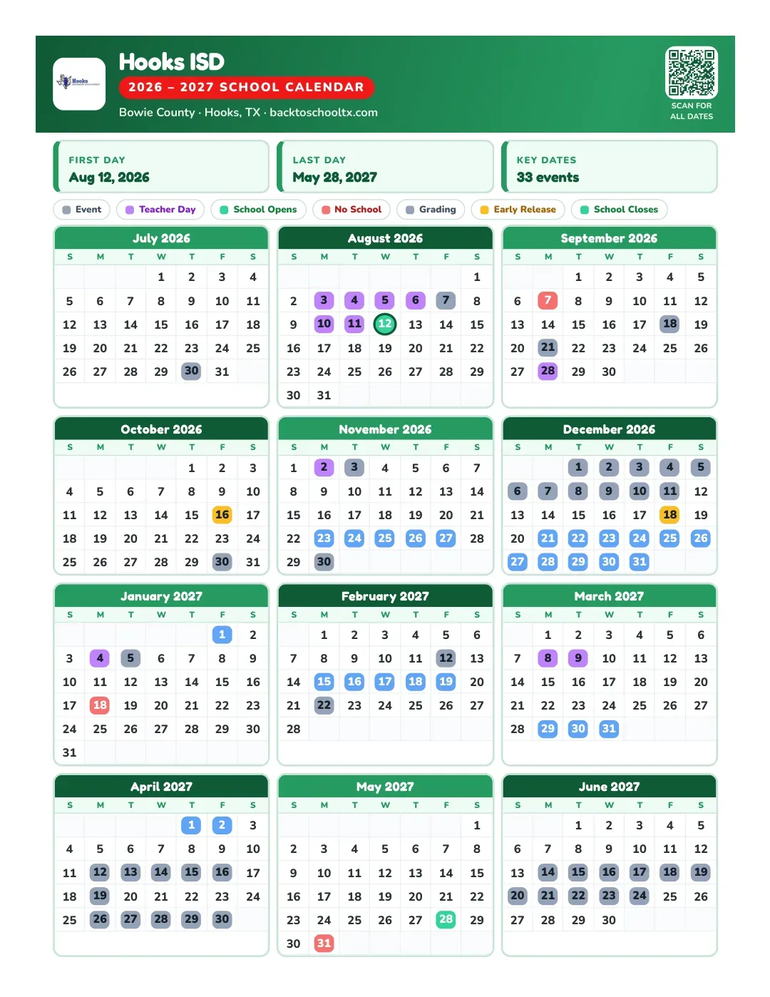 Hooks ISD Calendar for the Year 26-27