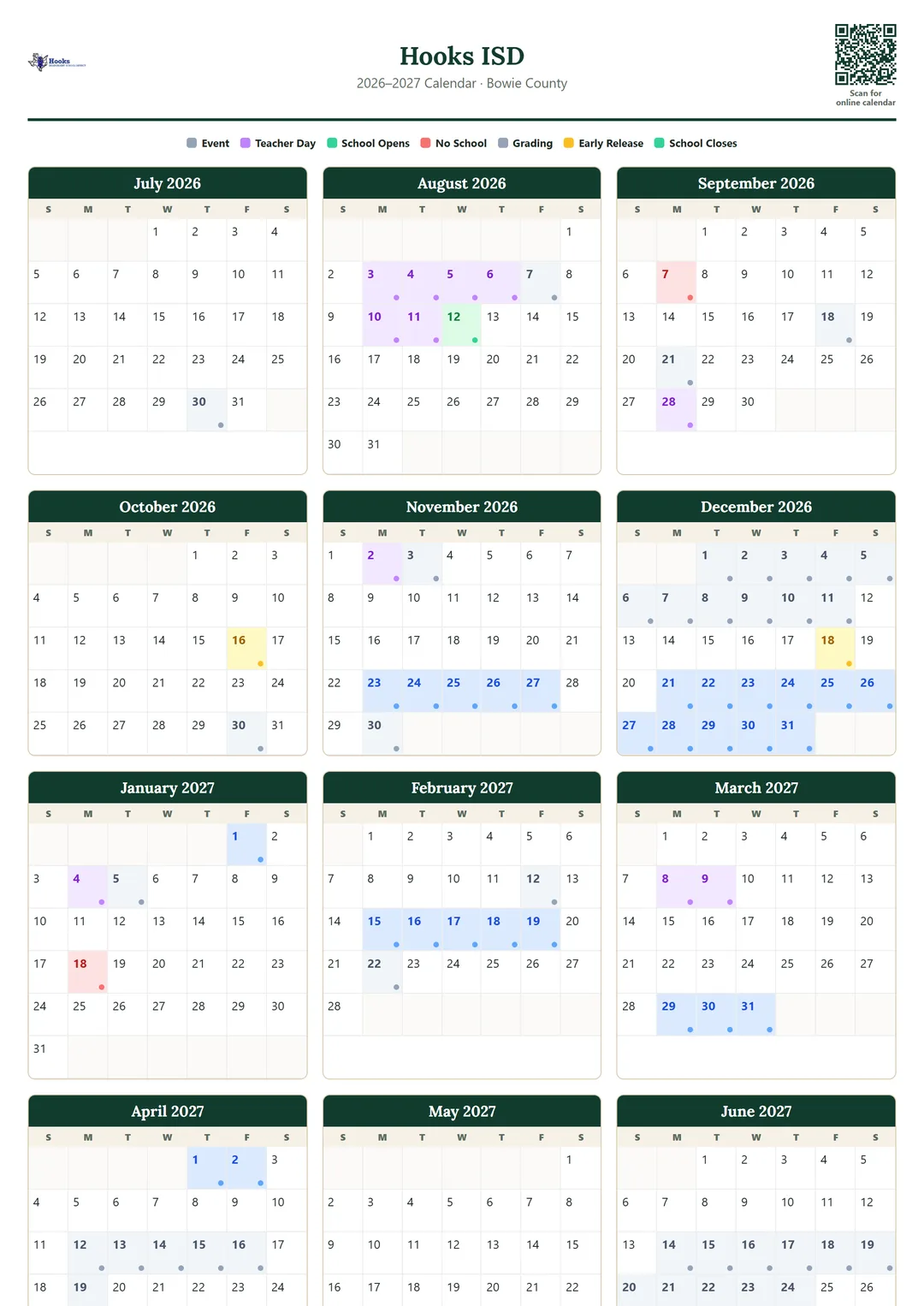 Hooks ISD printable 2026–2027 calendar