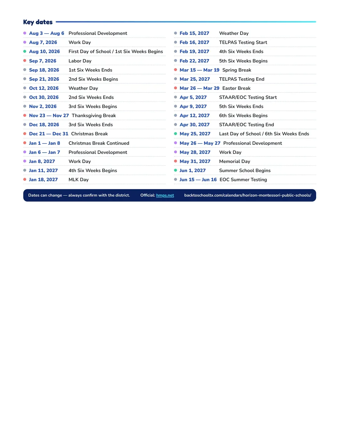 Horizon Montessori Public Schools Calendar for the Year 26-27 — key dates