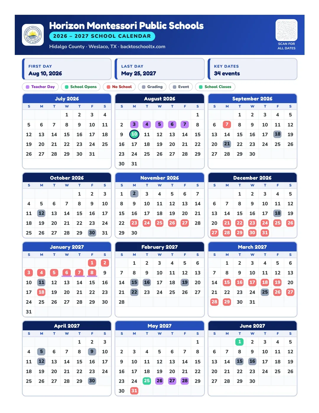 Horizon Montessori Public Schools Calendar for the Year 26-27