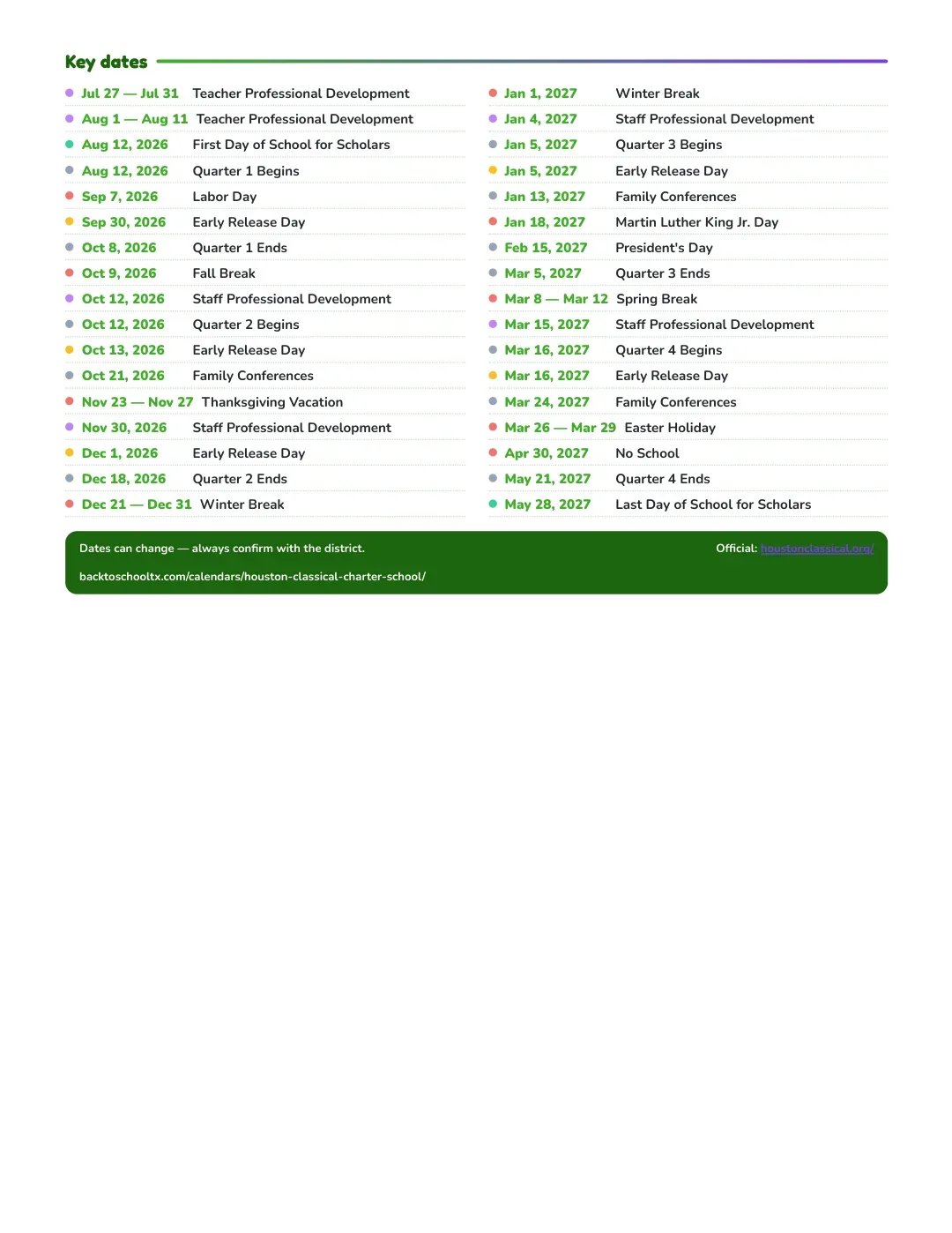 Houston Classical Charter School Calendar for the Year 26-27 — key dates