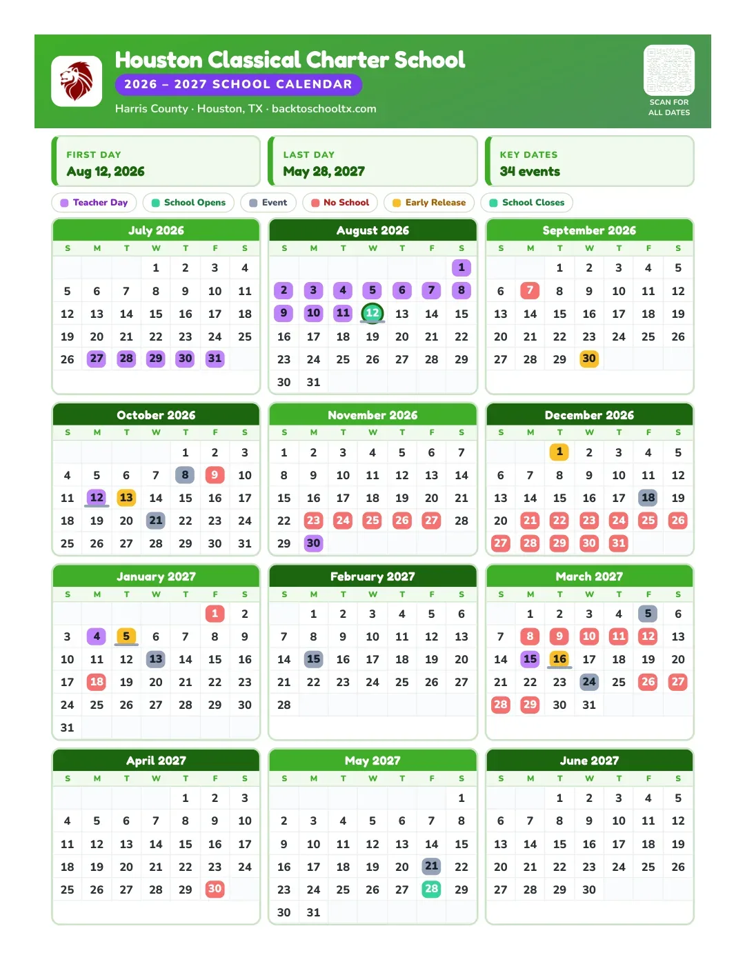 Houston Classical Charter School Calendar for the Year 26-27