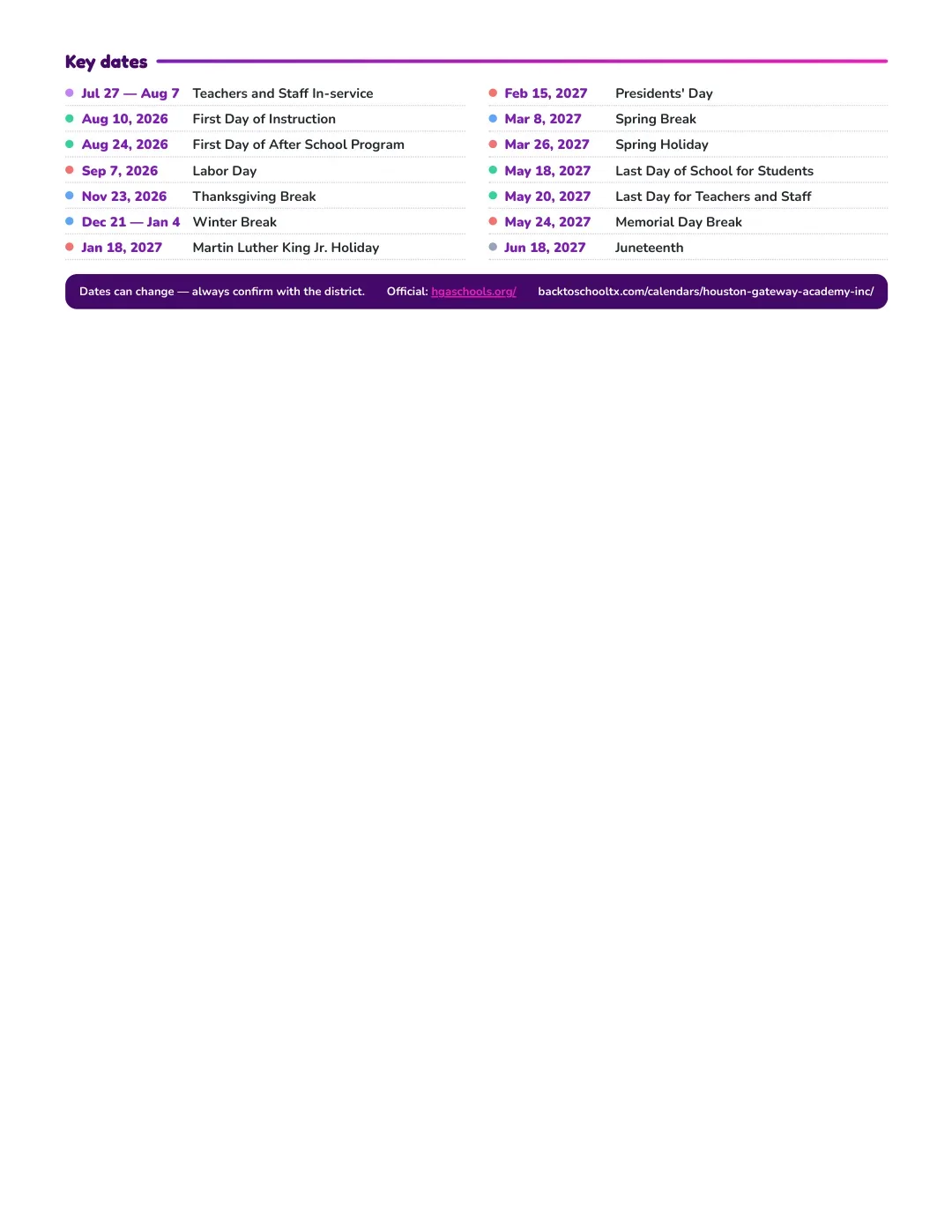 Houston Gateway Academy Inc Calendar for the Year 26-27 — key dates