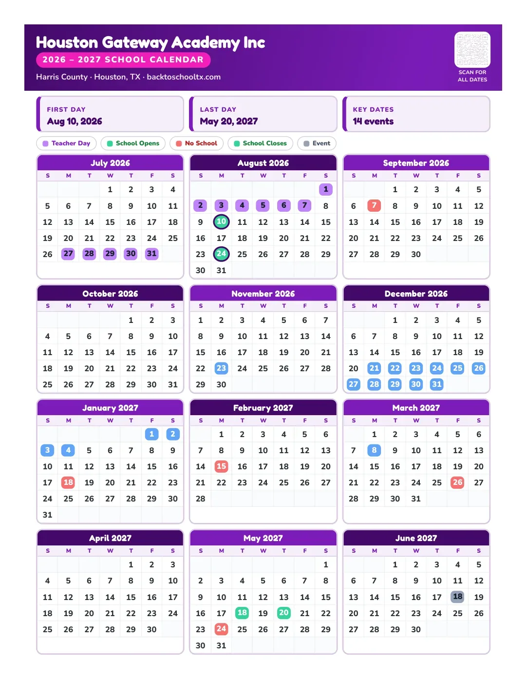 Houston Gateway Academy Inc Calendar for the Year 26-27