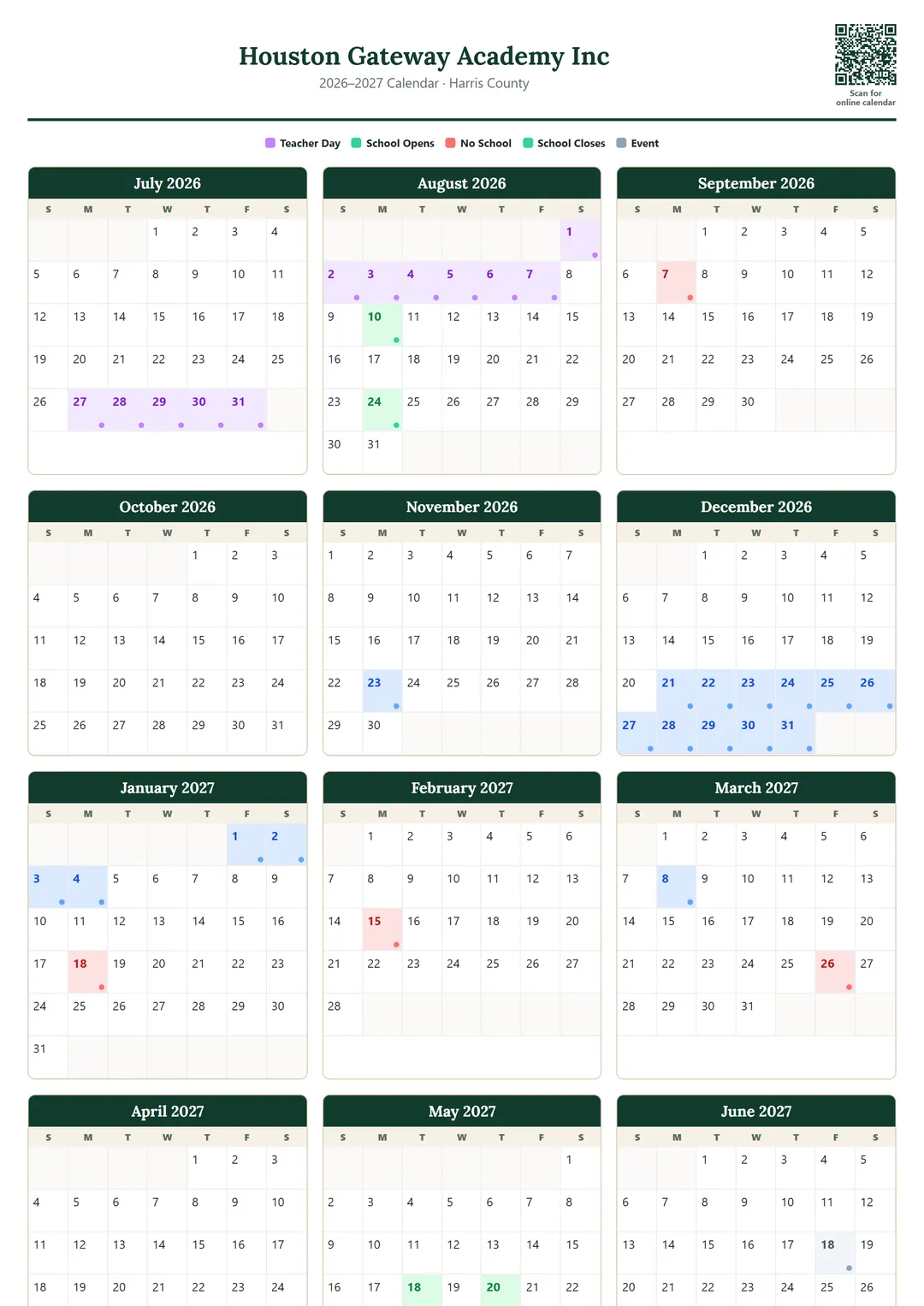 Houston Gateway Academy Inc printable 2026–2027 calendar