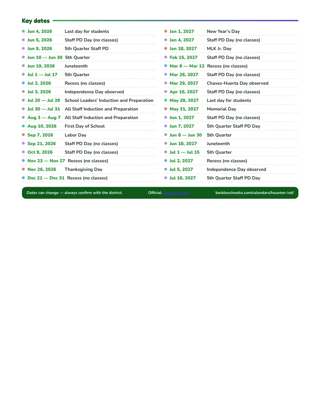 Houston ISD Calendar for the Year 26-27 — key dates