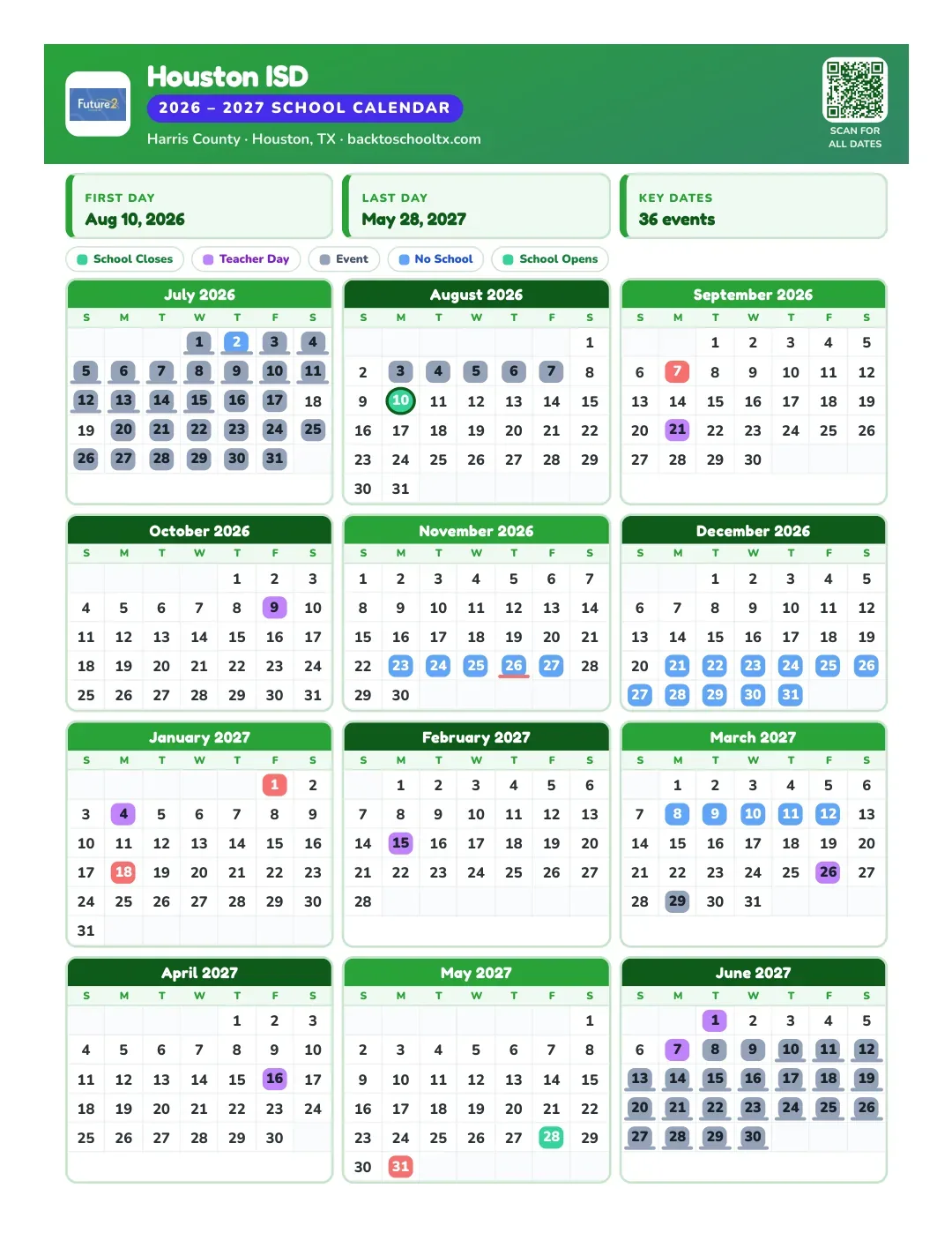 Houston ISD 2026-2027 printable school calendar, page 1 of 2