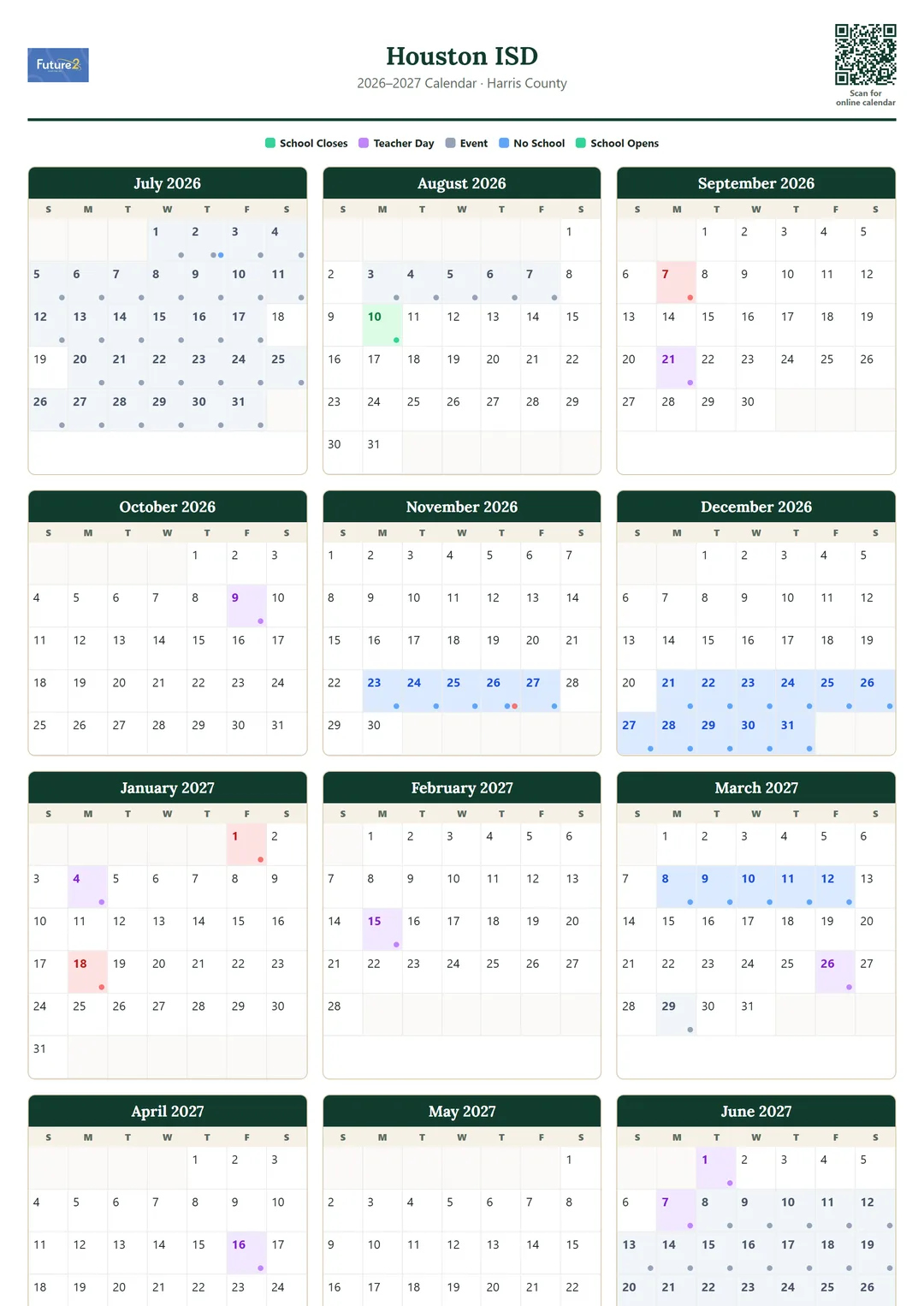 Houston ISD printable 2026–2027 calendar